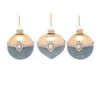 Widdop Set of 3 Gold & Blue Velvet Glass Baubles - Luxury Jewelled Christmas Decorations with Pearls and Gemstone Detail