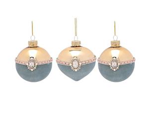 Widdop Set of 3 Gold & Blue Velvet Glass Baubles - Luxury Jewelled Christmas Decorations with Pearls and Gemstone Detail