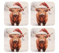 Widdop Set of 4 Christmas Highland Cow Coasters - Festive Wooden Coaster Set with Santa Hat Design - Rustic Country Christmas Tableware