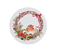 Widdop Set of 4 Christmas Robin Round Coasters - Festive Wooden Coaster Set with Red-Breasted Robin & Holly Design - Country Christmas Tableware