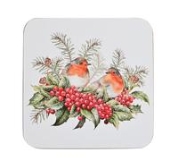 Widdop Set of 4 Christmas Robin Square Coasters - Festive Wooden Coaster Set with Red-Breasted Robins, Holly & Pine - Country Christmas Tableware