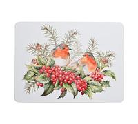 Widdop Set of 4 Robin Placemats - Rustic Woodland Table Mats with Red Berries & Pine Cones - Country Christmas Dining Décor