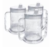 Wide Base Two Handled Drinking Cup with Drinking Lid - Pack of 3 | Adult Drinking Aid Mug Elderly Small Spout Drink Lid Double Handle Dementia Arthritis Weak Grip Drink Cup Stable