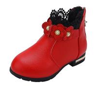 Wide Boots Girls Little/Big Kids Shoes Fashion Boots Shoes Plush Low Tube 3D Flowers Print Leather Boots Boots Girls Size 1 (Red, 1.5 Big Kids)
