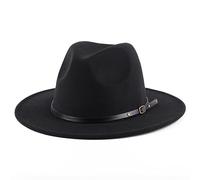 Wide Brim Fedora Hat Belt Buckle Felt Panama Cap Black Classic Cowboy Jazz Hat Autumn Winter Keep Warm Cap Unisex Retro Trilby Hat for Wedding Party Talent Show Performance Props and Daily Use(Black)