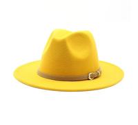 Wide Brim Fedora Hat for Women Men Solid Color Elegant Adjustable Autumn Winter Cotton Jazz Caps Unisex Wedding Church Hats with Belt Buckle Yellow
