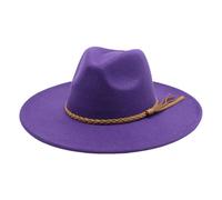 Wide Brim Fedora Hat - Wool Felt Panama Cap - One Size Unisex Women Men - Braided Leather Band - Fedora Sun Hat Purple