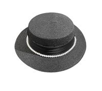 Wide Brim Flat Top Beach Hats w/Lace Pearl Band for Women Sun Foldable Straw Hat UPF 50+ Summer Panama Cap