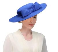 Wide Brim Hats for Women Big Bowknot Formal Occasion Kentucky Cap Lady Wedding Cocktail Party Flat Top Fedoras, RoyalBlue 1, M