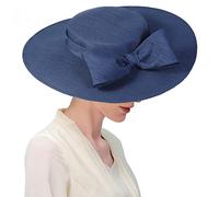 Wide Brim Hats for Women Big Bowknot Formal Occasion Kentucky Cap Lady Wedding Cocktail Party Flat Top Fedoras, Navy Blue, M