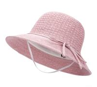 Wide Brim Sun Hat for Women, Breathable Knitted Cotton Beach Hat with Adjustable Wind Rope, Foldable Straw Bucket Hat with Bowknot for Summer Travel, Flesh Pink(Deep Pink)