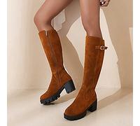 Wide Calf Boots for Women Soft Sole Platform Boots Mid Calf Elastic Chunky Block Heel Leather Knee High Knight Booties Round Toe High Boots (Black 5.5)