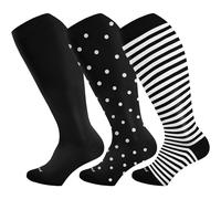 Wide Calf Compression Socks for Women & Men Extra Large Size Support Socks for Nurses Running Pregnant Travel, 15-20 mmHg, 3 Pairs Black&polkadot&stripe, Large