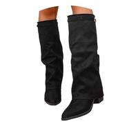 Wide Calf Cowboy Boots for Women, Pointed-Toe Chunky High Heels Mid Calf Boots, Handcrafted Western Pleated Fold Over Tall Booties