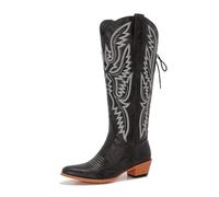 Wide Calf Cowboy Boots Women Adjustable Lace Up Knee High Tall Plus Size Cowgirl Boots Western Style Comfortable 2-Inch Heel, Black, 7.5 UK Wide