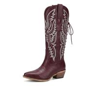 Wide Calf Cowboy Boots Women Adjustable Lace Up Knee High Tall Plus Size Cowgirl Boots Western Style Comfortable 2-Inch Heel, Burgundy, 5.5 UK Wide