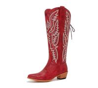 Wide Calf Cowboy Boots Women Adjustable Lace Up Knee High Tall Plus Size Cowgirl Boots Western Style Comfortable 2-Inch Heel, Red, 7 UK Wide