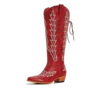 Wide Calf Cowboy Boots Women Knee High Tall Western Cowgirl Boots Adjustable Lace Up Plus Size Comfortable 2-Inch Heel, Red a, 9 UK Wide