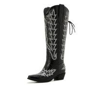Wide Calf Cowboy Boots Women Knee High Tall Western Cowgirl Boots Adjustable Lace Up Plus Size Comfortable 2-Inch Heel, Black, 8 UK Wide