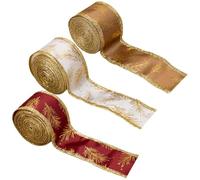 Wide Christmas Rib - Wide Christmas Ribbon Wired Red | 3 Rolls Satin Golden Pattern Bow Accessories | Wired Edge Ribbons For Wrapping | Streamer Tie For Handmade Bow Bouquet, Christmas Tree Decoration
