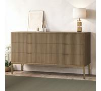 Wide Dark Wood Ribbed Chest of 6 Drawers with Gold Legs - Valencia