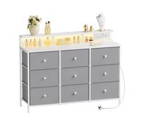 Wide Dresser Fabric 9 Drawers LED Lights and Charging Grey/White & Oak Effect