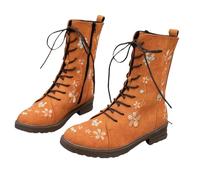 Wide Fit Biker Boots for Women Lace Up Mid Calf Combat Boots Ladies Thick Heel Riding Booties Floral Embroidered Outdoor Walking Shoes with Side Zip Trekking Boot Hiking Boot Size 3-8 Orange