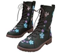 Wide Fit Biker Boots for Women Lace Up Mid Calf Combat Boots Ladies Thick Heel Riding Booties Floral Embroidered Outdoor Walking Shoes with Side Zip Trekking Boot Hiking Boot Size 3-8 Blue