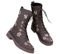 Wide Fit Biker Boots for Women Lace Up Mid Calf Combat Boots Ladies Thick Heel Riding Booties Floral Embroidered Outdoor Walking Shoes with Side Zip Trekking Boot Hiking Boot Size 3-8 Coffee