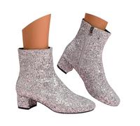 Wide Fit Boots For Women uk Women's Sequin Glitter Chunky Heels Sparkly Booties Block Heeled Short Wedding Round Toe Shiny Boot with Side Zipper Bridal Party Prom Dress Shoes Low Hee