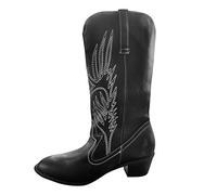 Wide Fit Cowboy Ankle Boots for Women Classic Embroidery Pointed Toe Western Cowboy Boots Western Style Low Heeled Cowboy Ankle Boots with Zipper Warm Lined Fall Winter Boots for Party (#A-Black, 7)