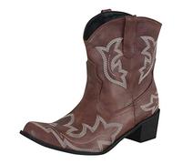 Wide Fit Cowboy Ankle Boots for Women Classic Embroidery Pointed Toe Western Cowboy Boots Western Style Low Heeled Cowboy Ankle Boots with Zipper Warm Lined Fall Winter Boots for Party (#B-Brown, 6.5)