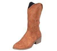 Wide Fit Cowboy Ankle Boots for Women Classic Embroidery Pointed Toe Western Cowboy Boots Western Style Low Heeled Cowboy Ankle Boots with Zipper Warm Lined Fall Winter Boots for Party (#B-Brown, 4)