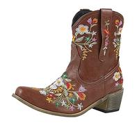 Wide Fit Cowboy Ankle Boots for Women Classic Embroidery Pointed Toe Western Cowboy Boots Western Style Low Heeled Cowboy Ankle Boots with Zipper Warm Lined Fall Winter Boots for Party (#A-Brown, 7)