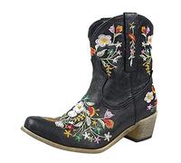 Wide Fit Cowboy Ankle Boots for Women Classic Embroidery Pointed Toe Western Cowboy Boots Western Style Low Heeled Cowboy Ankle Boots with Zipper Warm Lined Fall Winter Boots for Party (#A-Black, 7)