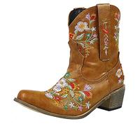 Wide Fit Cowboy Ankle Boots for Women Classic Embroidery Pointed Toe Western Cowboy Boots Western Style Low Heeled Cowboy Ankle Boots with Zipper Warm Lined Fall Winter Boots for Party (#A-Yellow, 6)