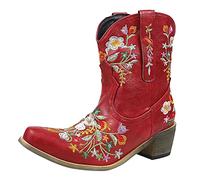 Wide Fit Cowboy Ankle Boots for Women Classic Embroidery Pointed Toe Western Cowboy Boots Western Style Low Heeled Cowboy Ankle Boots with Zipper Warm Lined Fall Winter Boots for Party (#A-Red, 6)