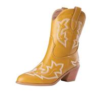 wide fit cowboy boots Cow Girl Boots Women Wide Fit Ankle Booties Waterproof Pull on Length Boot Thermal Chunky Heel Mid-Calf Booties Lightweight Non Slip irregular choice shoes Yellow 10