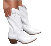 wide fit cowboy boots Cowboy Boots Women Wide Calf Ankle Booties Waterproof Side Zip/Pull on Short Boot Warm Low Heel Wellington Booties Lightweight irregular choice shoes White 6.5