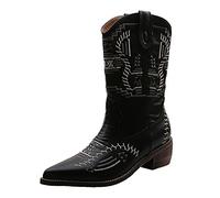 wide fit cowboy boots Cowgirl Boots for Women Wide Calf Ankle Booties Waterproof Slip on Length Boot Comfortable Warm Chunky Heel Mid Booties Lightweight irregular choice shoes Black 4.5