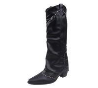 wide fit cowboy boots Girls Cowboy Boots Wide Calf Ankle Booties Waterproof Pull on Length Boot Comfortable Chunky Heel Knee High Booties Lightweight Non irregular choice shoes Black 5.5