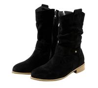 Wide Fit Cowboy Boots Women Low Heel Mid Calf Boots With Pull-Up Tabs Slip On Round Toe Chunky Heel Retro Classic Booties Faux Suede Back Zipper Fall Short Ankle Booties Western Slip-On Shoes