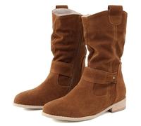 Wide Fit Suede Ankle Boots Women | Pointed Toe Low Heel Booties Slip On Mid Calf Boots with Buckle Comfortable Walking Boots Winter Warm Boots Casual Comfort Lightweight Ankle Boots Brown