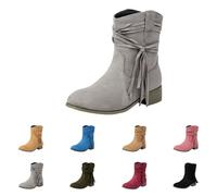 Wide Fit Suede Ankle Boots Women Size 8 Round Toe Low Heel Booties Slip On Mid Calf Shoes Comfortable Walking Shoes Winter Warm Casual Lightweight Ankle Cowgirl Cowboy Boots Grey