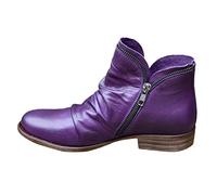 Wide Fit V Cut Ankle Boots for Women Leather Low Heel Ankle Shoe Boots Warm Winter Ankle Boots Zip Up Casual Office Low Wedge Boots for Party Wedding Concert Purple