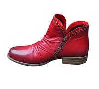 Wide Fit V Cut Ankle Boots for Women Leather Low Heel Ankle Shoe Boots Warm Winter Ankle Boots Zip Up Casual Office Low Wedge Boots for Party Wedding Concert Red