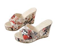 Wide Fit Wedge Sandals For Women Size 7 Platform Sandals Fish Mouth Open Toe Sandal Flower Print Sandal Slip On Non Slip Shoes Lightweight Summer Beach Shoes Comfy Outdoor Wlking Shoe