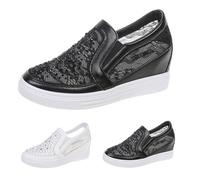 Wide Fit Womens Chunky Loafers Womens Sequin Trainers Translucent Lace Loafers Breathable Inside Higher Shoes Elegant Dressy Loafer Lightweight Walking Trainers for Summer Slip On Walking Shoes White