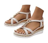 wide fitting sandals Women's Flat Sandal Summer Fashion Bohemian Rhinestone Beaded Sandal Elastic Ankle Strap Leather Flip Flops Comfortable Non-Slip Open Toe Beach Shoes white sandals size 5 White 5