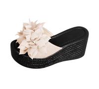 Wide Fitting Shoes A Word Flower Slippers Hundred with Height Increase Outside Wear Beach Slippers Womens Sliders Open Toe Beige